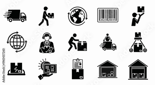 Collection of icons depicting shipping, delivery, and logistics services
