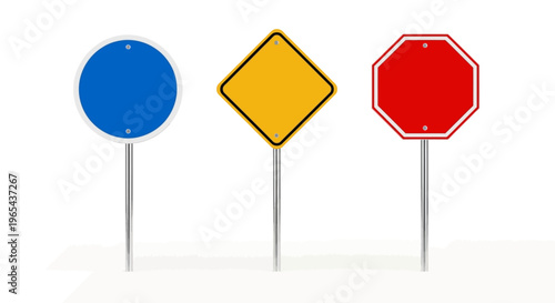 Three road signs stand on metal poles in transportation settings
