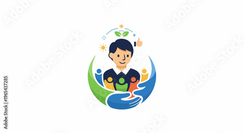 Diverse people embraced by caring hands under a sunny sky