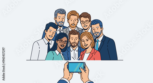 Diverse professionals posing for a group selfie, smiling broadly