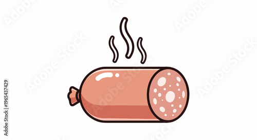 Cartoon sausage emitting steam, cut end showing flecks