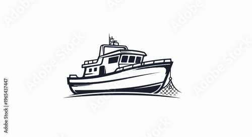 Stylized illustration of a fishing boat with net on a white background