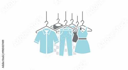Casual apparel on hangers, including a shirt, pants, and dresses