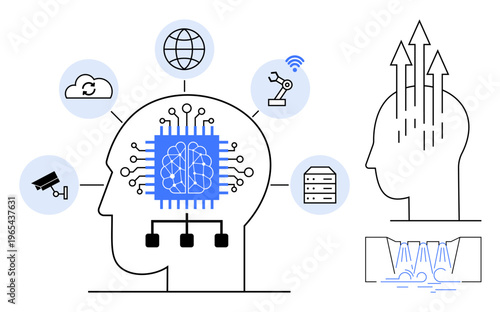 Artificial intelligence concept. Artificial intelligence powering data processing, automation, and innovation. Artificial intelligence ed with brain, chip, IoT, and cloud technology icons. Ideal