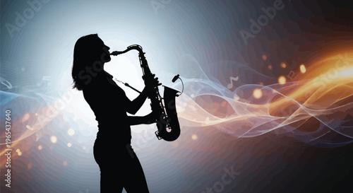 Silhouette woman playing saxophone, musical instrument, jazz music, nightlife, abstract background