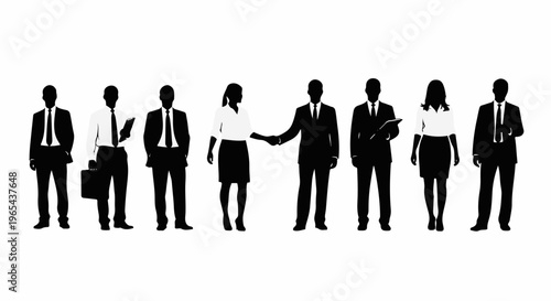 Diverse professionals in formal attire stand together, some engaged in discussion