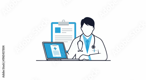 Doctor with stethoscope and laptop, medical chart behind