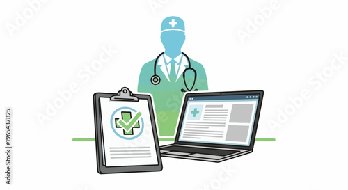 Doctor silhouette with stethoscope, clipboard, and laptop displaying medical icons