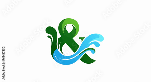 Green ampersand symbol with flowing blue water splashes