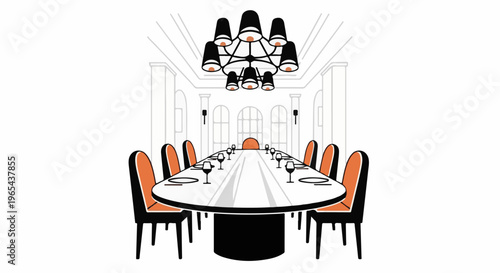 Elegant dining hall with long table, chairs, chandelier, and windows