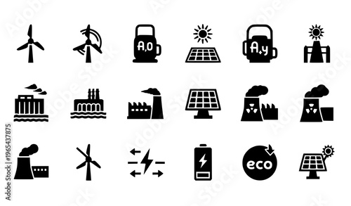 Green energy electricity generation icon set with wind solar hydrogen hydro and nuclear power solid vector icons
