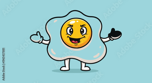 Happy fried egg character with arms outstretched on blue background