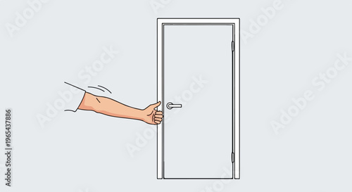 Hand reaching to open a plain interior door with a handle on a light gray background