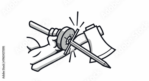 Hand sharpens a pencil with an axe and a grinder