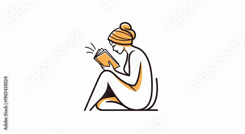 Minimalist line art of a person wearing a headband, reading a book