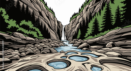 Dramatic waterfall cascades through a rugged canyon into a rocky riverbed