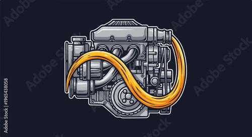 Detailed illustration of a complex mechanical engine with a bright orange fluid flowing through