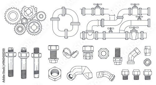 Industrial Blueprint: Gears, Pipes, Valves, Bolts, and Fittings
