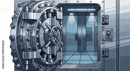 Detailed illustration of an open, heavy, metallic vault door revealing a secure interior