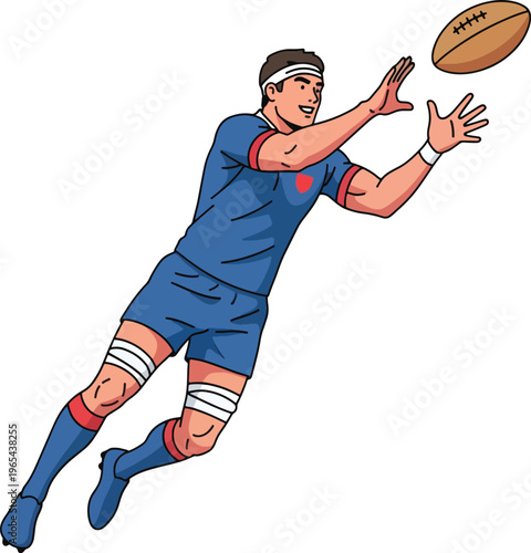 Illustration of a rugby player in a blue uniform jumping to catch a ball against a white background with a dynamic and energetic mood.