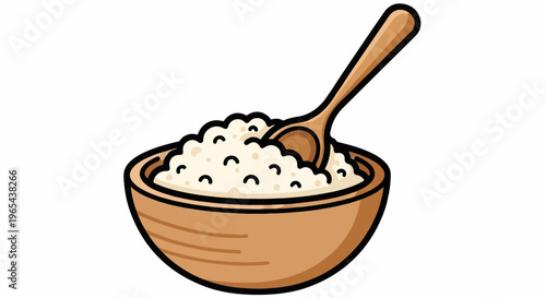 A wooden bowl filled with fluffy white porridge, a spoon resting in it