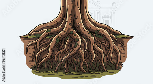 Detailed illustration of massive tree roots anchoring into soil