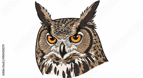 Detailed illustration of an owl's head with intense orange eyes