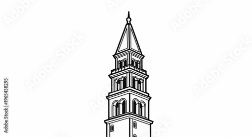 Detailed line drawing of a tall, tiered bell tower with arched openings and a pointed spire