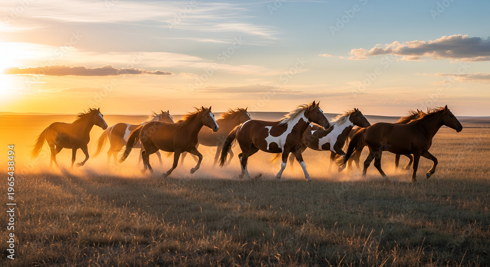 Fototapeta premium Majestic herd of wild horses galloping across golden prairie at sunset creating dust trails in warm evening light freedom and nature