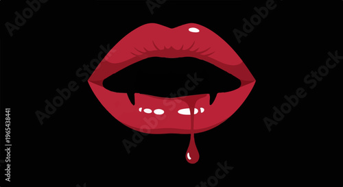 Open red lips with dripping blood and fangs on black background