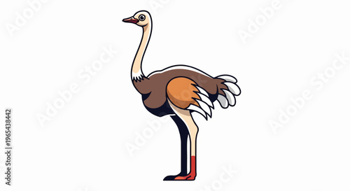 Stylized cartoon ostrich with tan neck, brown body, and orange accents