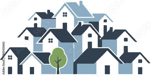 Stylized cluster of diverse homes with a solitary tree