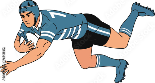 An illustrated rugby player in a blue uniform diving forward with a ball on a white background.