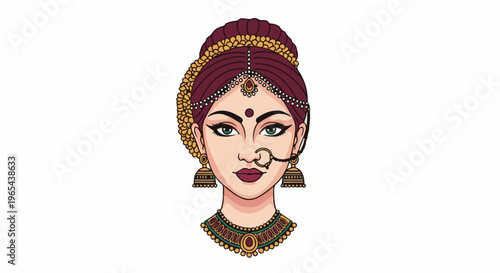 Elegant traditional woman's face adorned with elaborate jewelry and makeup