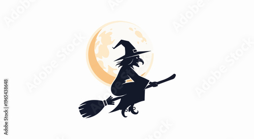 Silhouette of a witch riding a broomstick against a large, pale moon