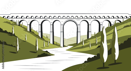 Ancient Roman Aqueduct Arch Bridge over River Valley, Green Hills Landscape