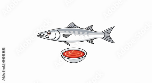 Cartoon barracuda fish swims above a small bowl of red sauce
