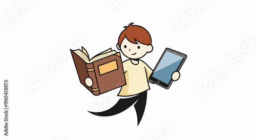 Cartoon child with an open book and a tablet