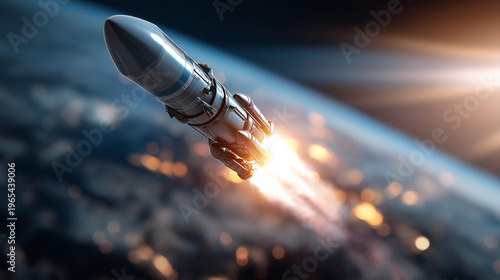 Striking rocket soaring through clouds with fiery propulsion illuminating scene as it breaks free from atmosphere into space vastness concept, defocused background, with copy space