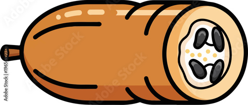 Stylized depiction of a long, brown fruit, partially cut to reveal seeds