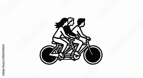 Three people ride a tandem bicycle together in a stylized black and white illustration