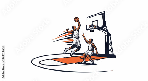 Dynamic illustration of two basketball players in action on a court