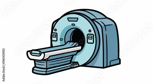 Cartoon-style medical scanner with a sliding table, light blue tones