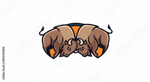 Two muscular brown bison heads locked in a contest of strength