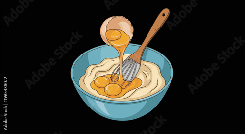 Eggs being cracked into a bowl with a whisk mixing batter