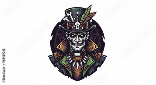 Eerie skeleton adorned with a tall hat, bones, feathers, and a beaded necklace