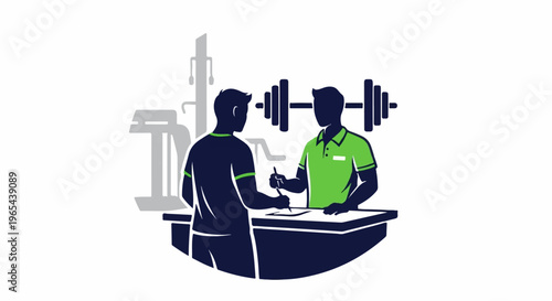 Two people at a counter in a gym with weights and equipment