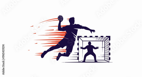 Dynamic silhouette of handball player mid-air, throwing ball, goalie defending
