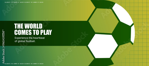 Soccer Banner Template Vector with Football Ball Grid and Green Yellow Gradient Background for World Cup Tournament Championship and Club Promotion