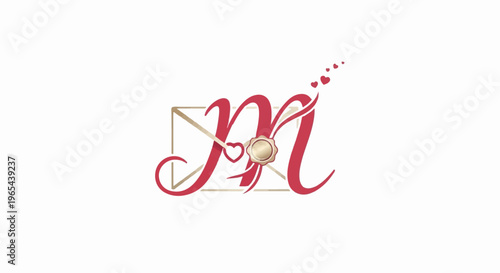 Elegant monogram on a golden envelope with hearts and a wax seal